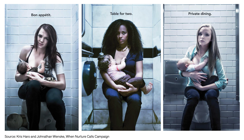 Three mom's breast-feeding in a bathroom